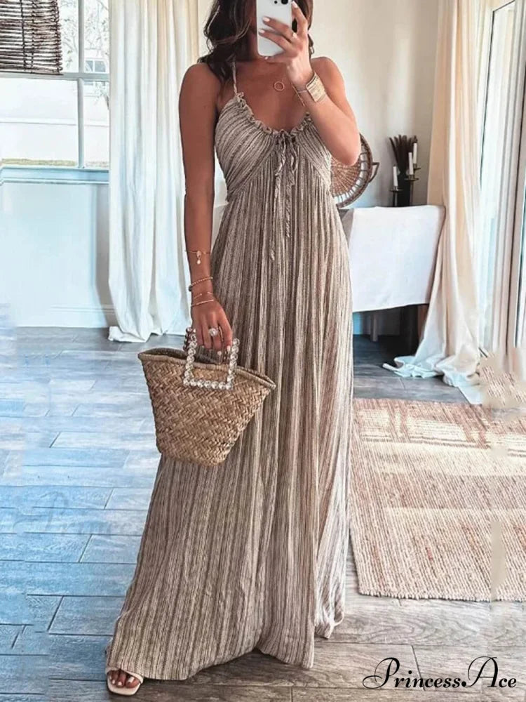 Backless U-Neck Stylish Suspender Maxi Dress Light Grey / S