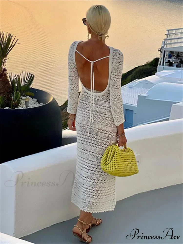 Backless Up Knit Crochet Beach Long Maxi Dress WHITE / S
