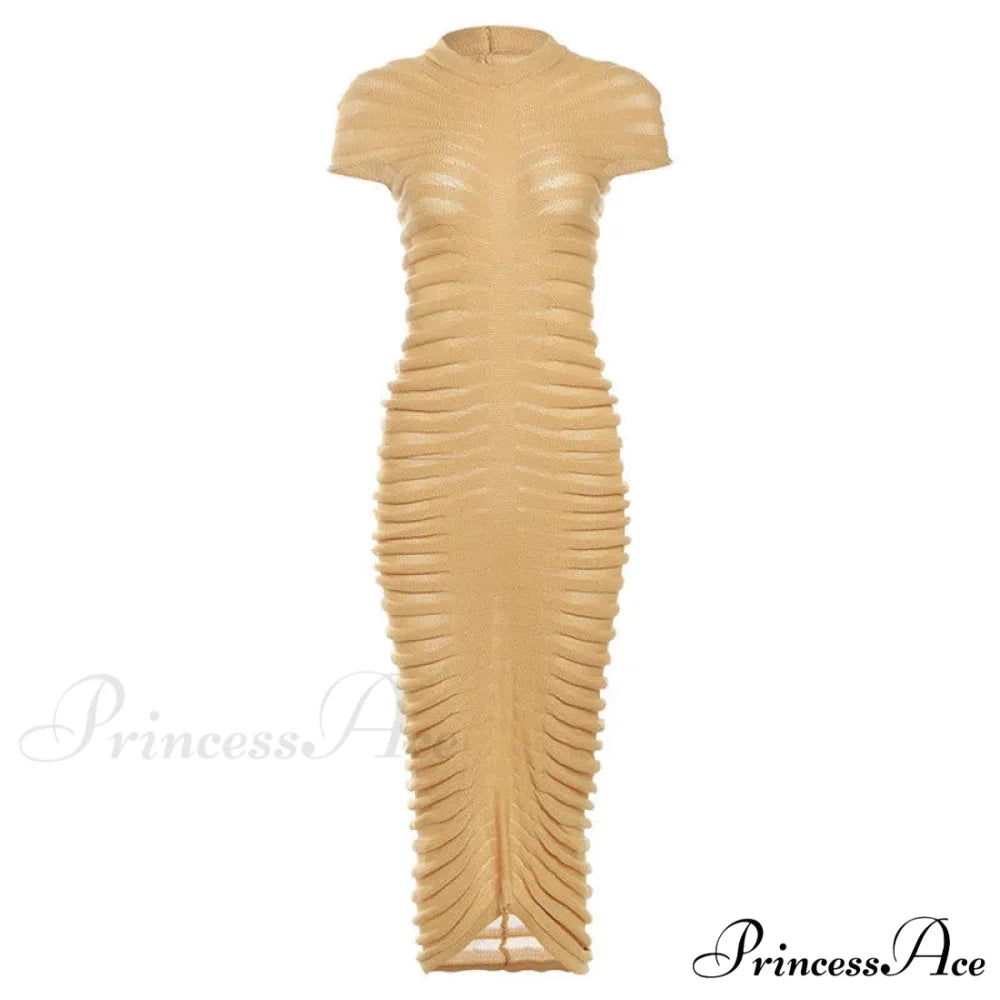 Backless V Neck Gown Maxi Dress Light Brown / S