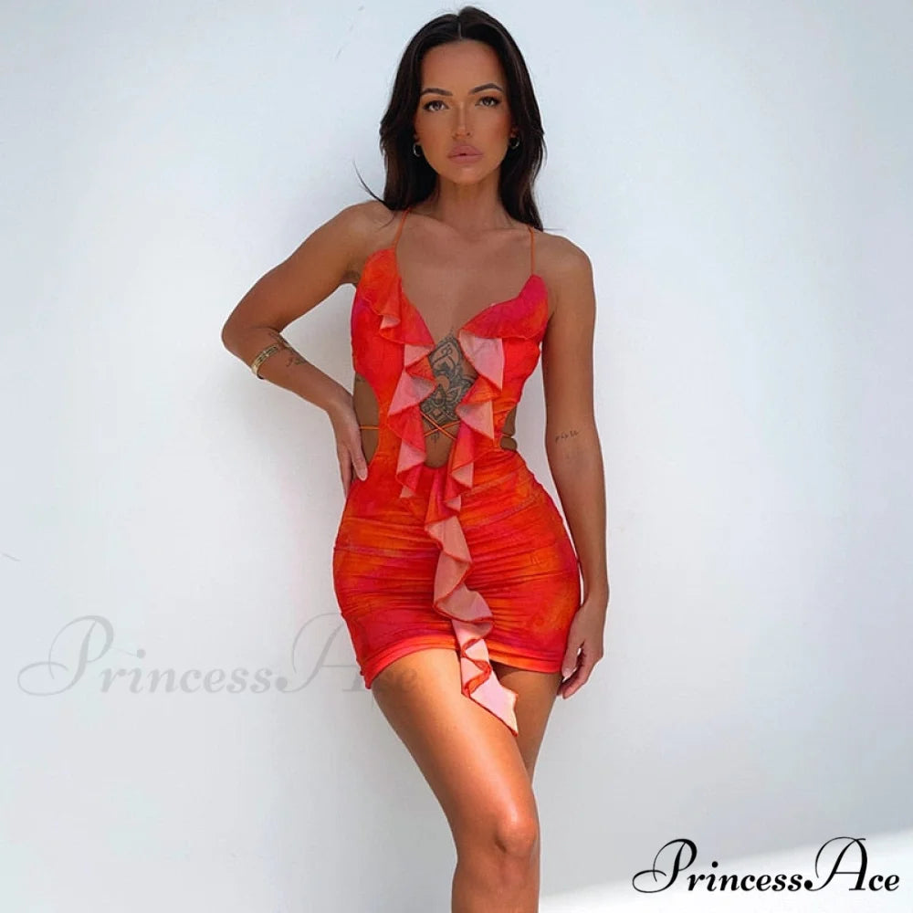 Backless Women Halter Ruffle Gown Party Coastal Festive Hollow - Out for Mini Bodycon Sexy Vestido Color / S