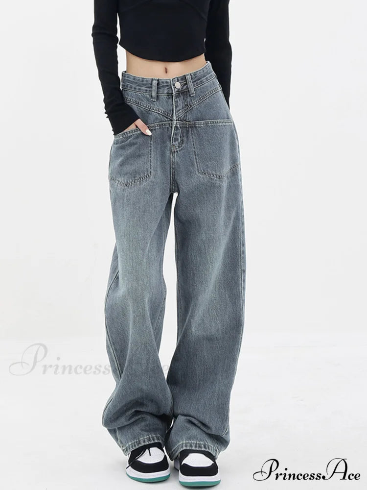 Baddie Baggy Wide Trendy Leg Boyfriend Jeans Blue / XS