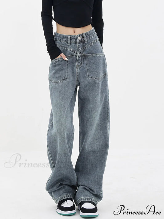 Baddie Baggy Wide Trendy Leg Boyfriend Jeans Blue / XS