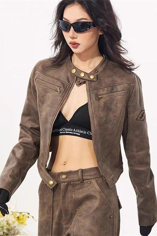 Vintage Stand Collar Suede Jacket