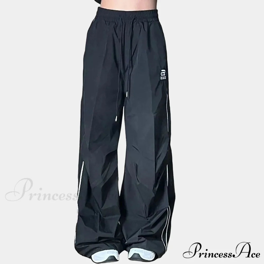 Baggy Broad Leg Patchwork Drawstring Jogging Pant Black / M pant-250223