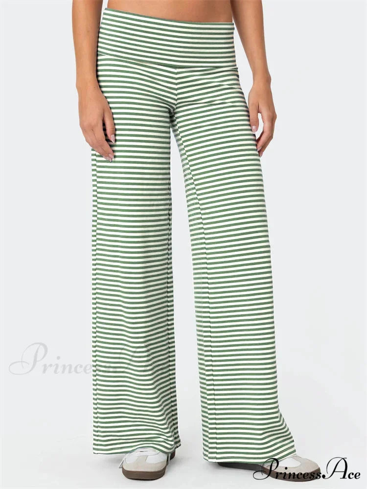 Baggy Broad-Legged Striped Stretchy Waist Urban Pant GREEN / S pant-250223