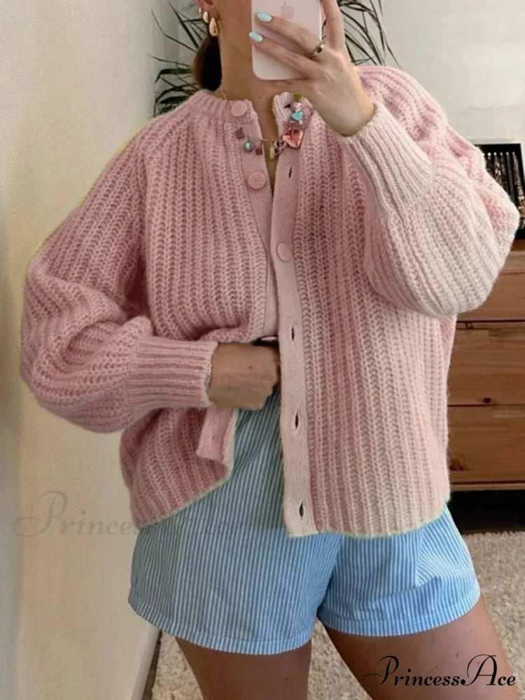 Baggy Firm Crew Neck Button Cardigan pink / S cardigans-241228