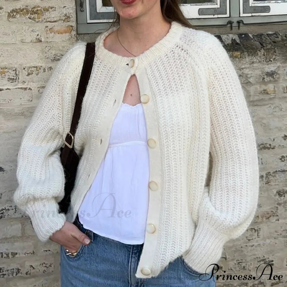 Baggy Firm Crew Neck Button Cardigan white / S cardigans-241228