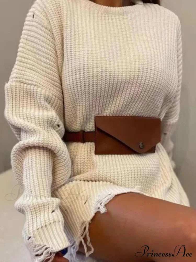 Baggy Firm Torn Circular Neck Sweater Beige White / One Size swraters-241228