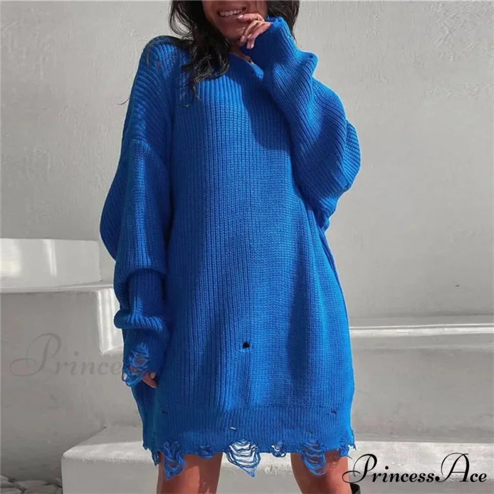 Baggy Firm Torn Circular Neck Sweater Blue / One Size swraters-241228