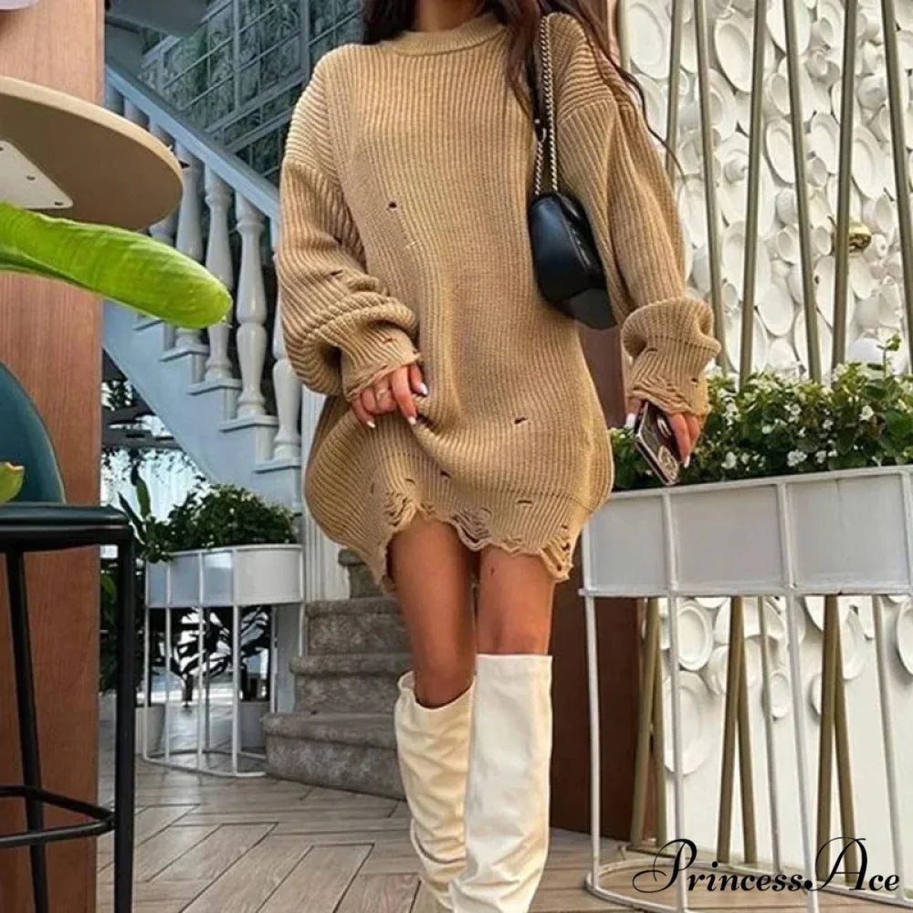 Baggy Firm Torn Circular Neck Sweater Khaki / One Size swraters-241228