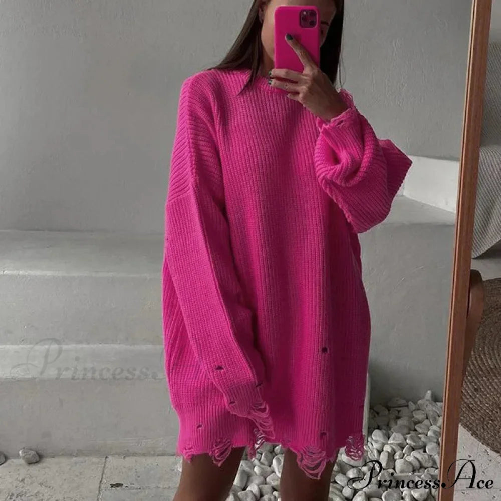 Baggy Firm Torn Circular Neck Sweater Rose Red / One Size swraters-241228