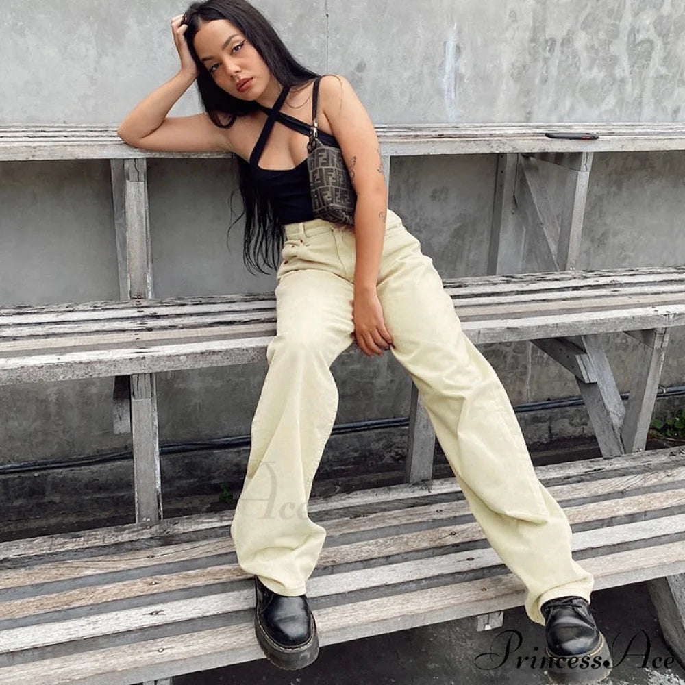 Baggy Jeans 90s Brown Women Vintage Streetwear Beige / S