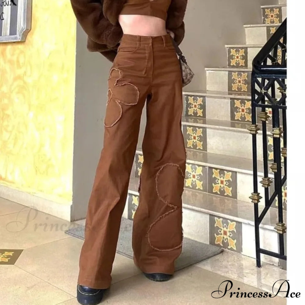 Baggy Jeans 90s Brown Women Vintage Streetwear Khaki-Patchwork / S