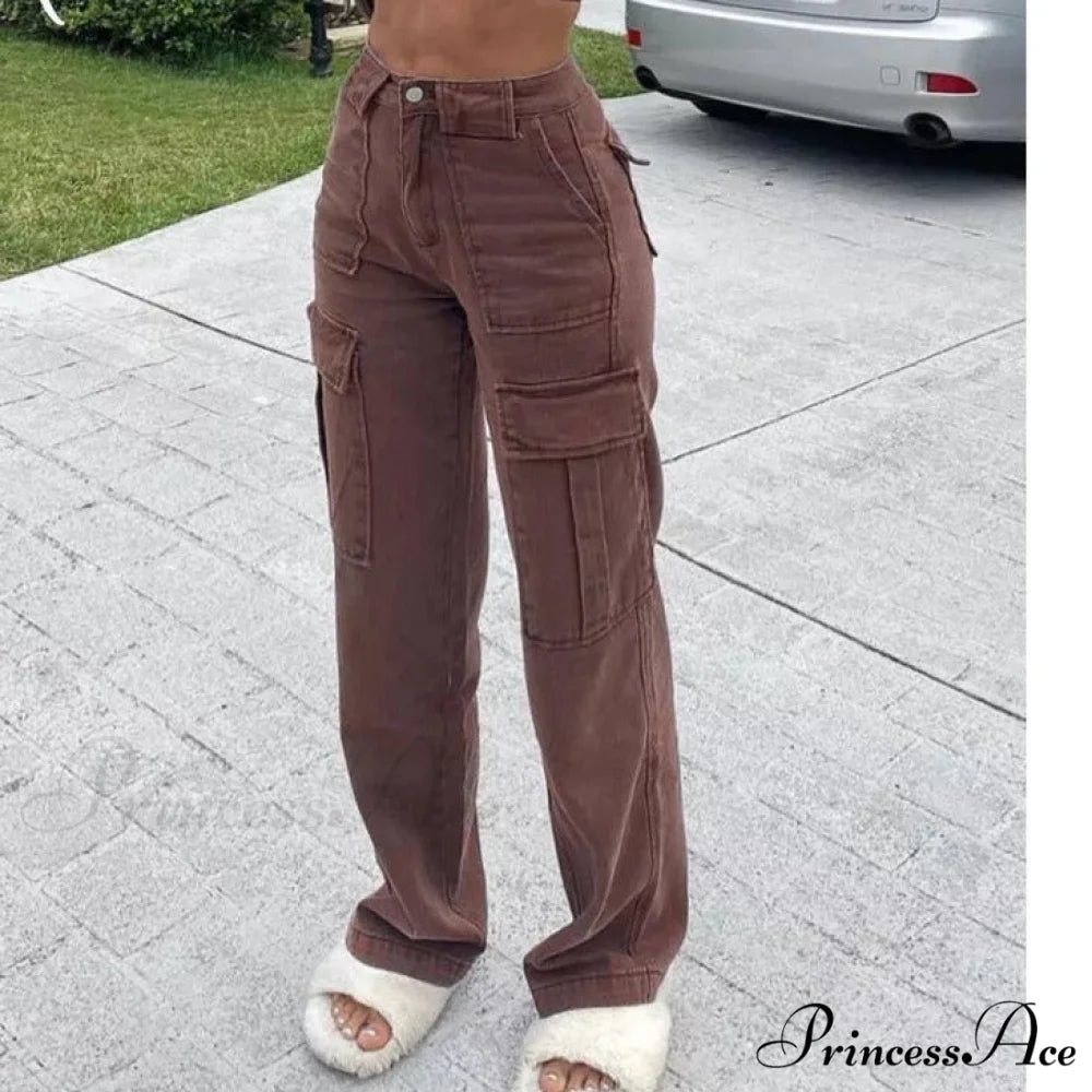 Baggy Jeans 90s Brown Women Vintage Streetwear Brown-Pockets / S