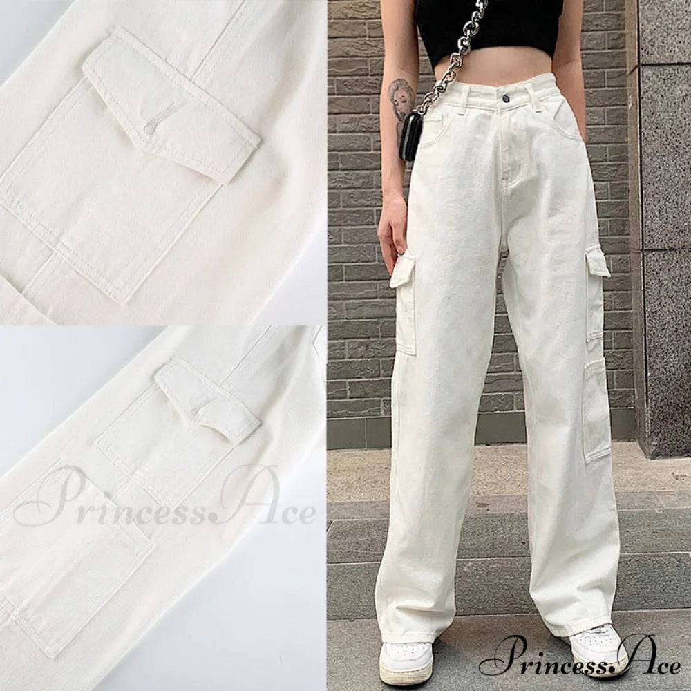 Baggy Jeans 90s Brown Women Vintage Streetwear White / S