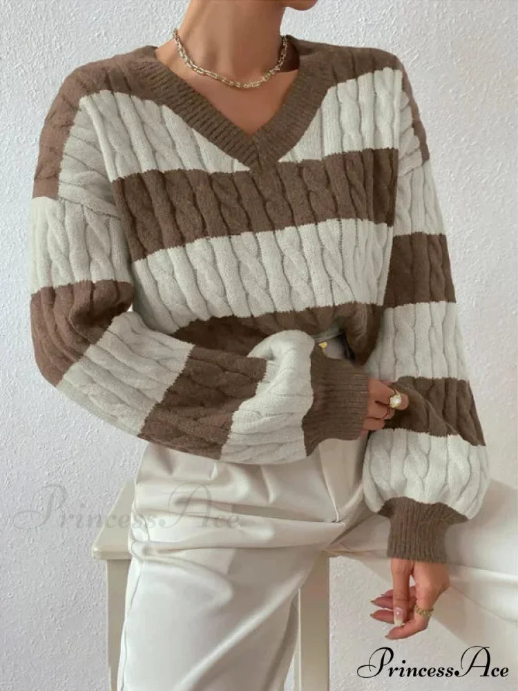 Baggy Knitted V-neck Retro Jumper Khaki / S swraters-241228