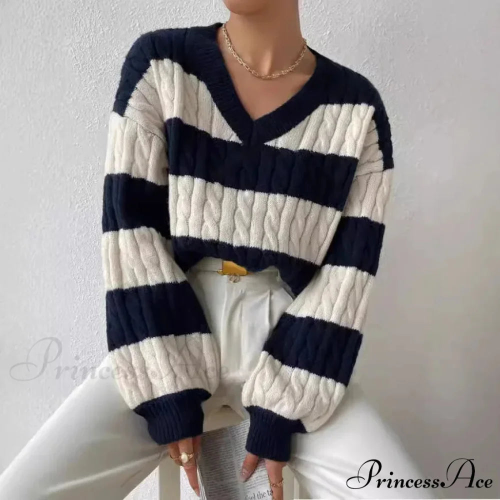 Baggy Knitted V-neck Retro Jumper Navy Blue / S swraters-241228