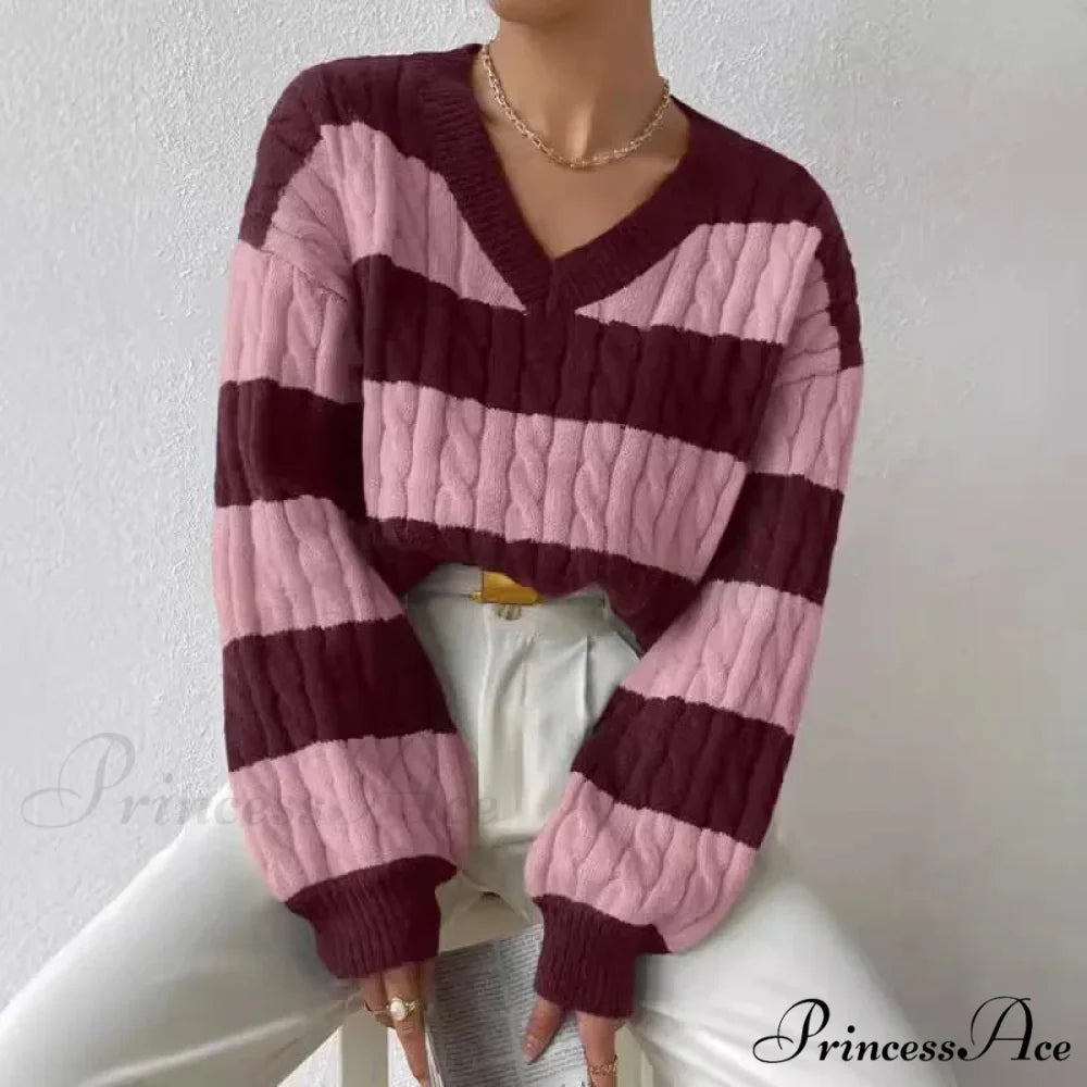 Baggy Knitted V-neck Retro Jumper PURPLE / S swraters-241228