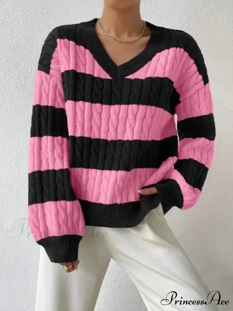 Baggy Knitted V-neck Retro Jumper Rose Red / S swraters-241228
