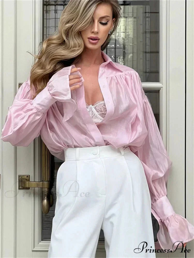 Baggy Lapel Transparent Patchwork Blouse Pink / S blouse-250223