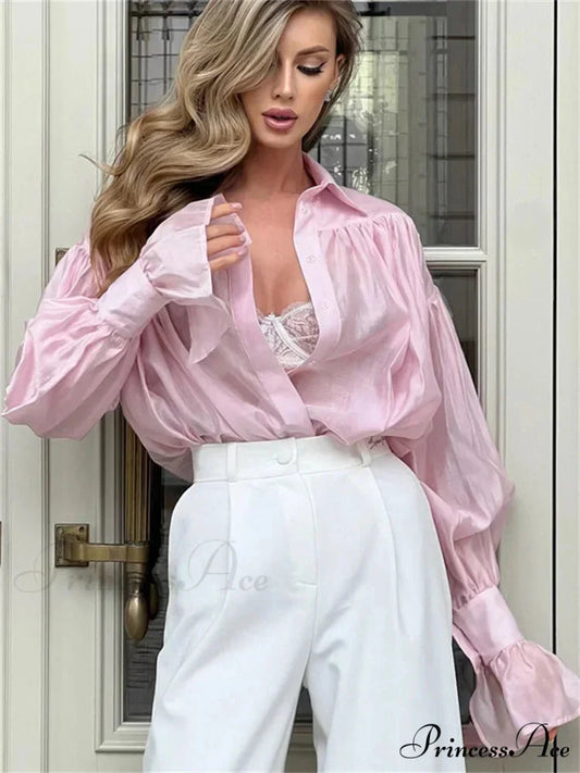 Baggy Lapel Transparent Patchwork Blouse Pink / S blouse-250223