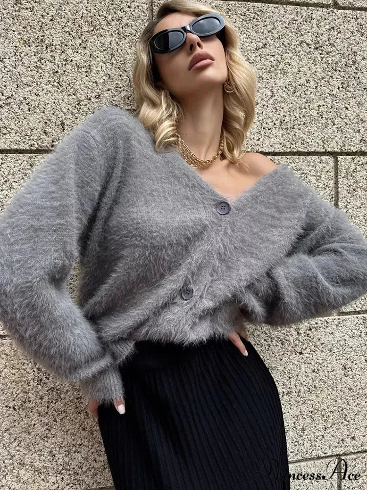 Baggy Off Shoulder V-neck Cardigan Dark Gray / S cardigans-241228