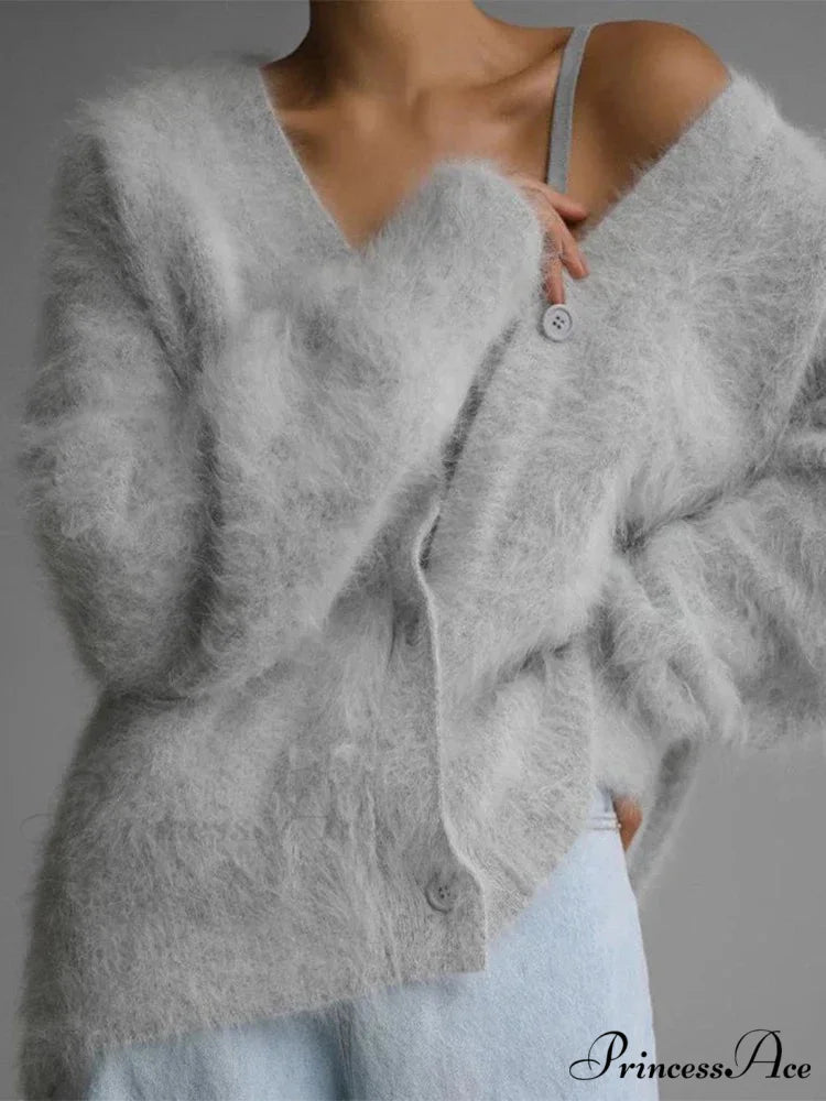 Baggy Off Shoulder V-neck Cardigan Light Grey / S cardigans-241228