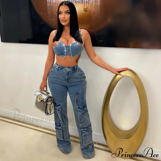 Baggy Pocket Denim Wide Leg High Waist Cargo Y2K Streetwear Fashion Denim 2024 Summer Clothes Jean Blue / S