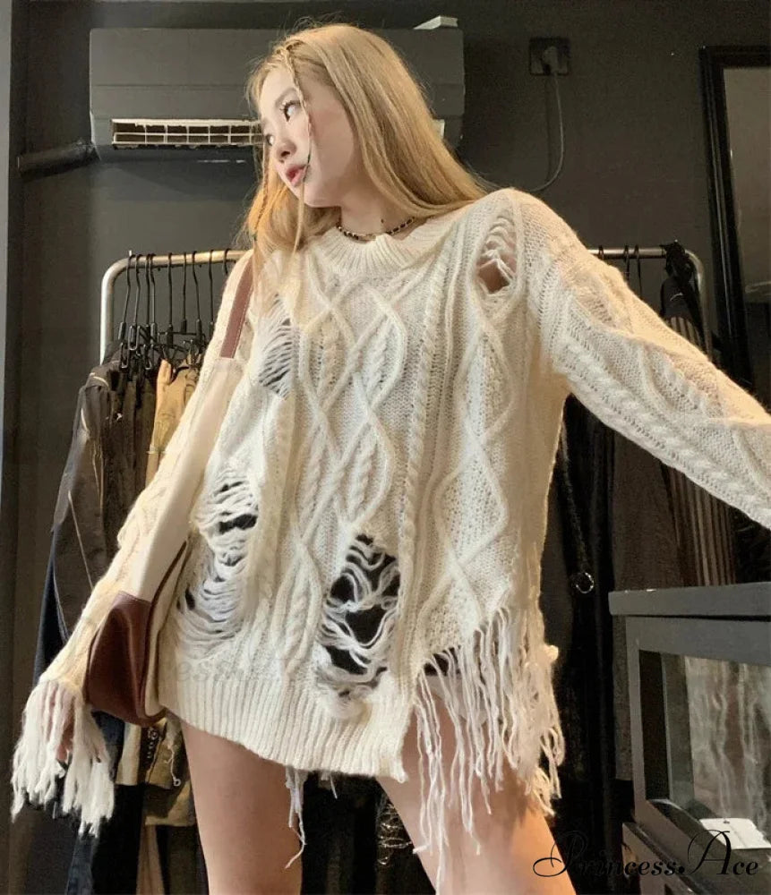 Baggy Ripped Knit Jumper white / S swraters-241228