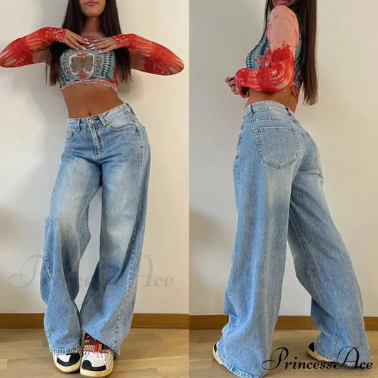 Baggy Straight Autumn Y2k Korean Fashion Streetwear High Waist Casual Denim Fashionable Jean Blue / M