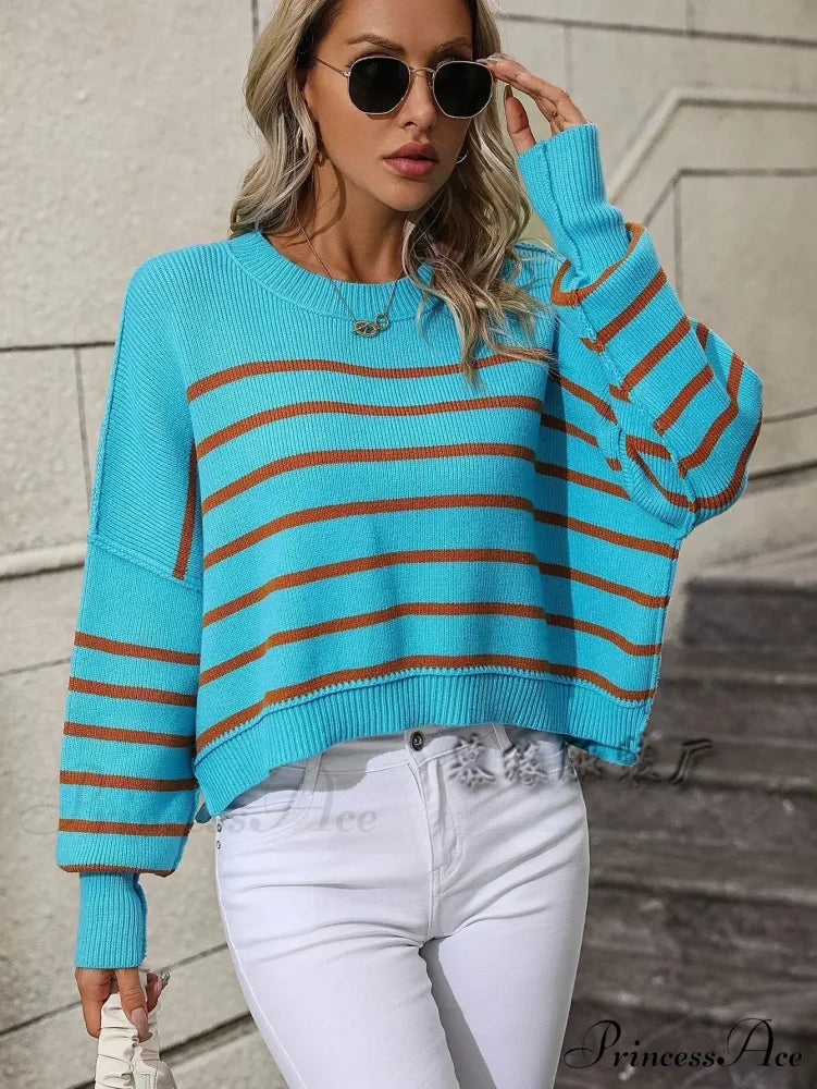 Baggy Striped Knitted Sweet Jumper Blue / S swraters-241228