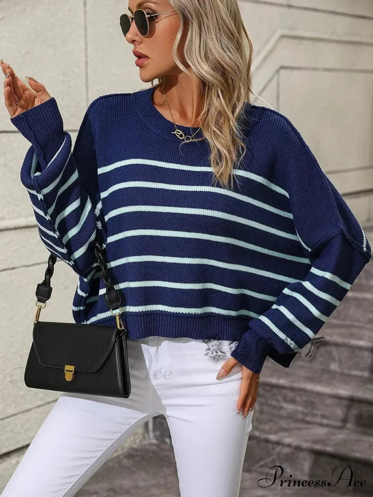 Baggy Striped Knitted Sweet Jumper navy / S swraters-241228