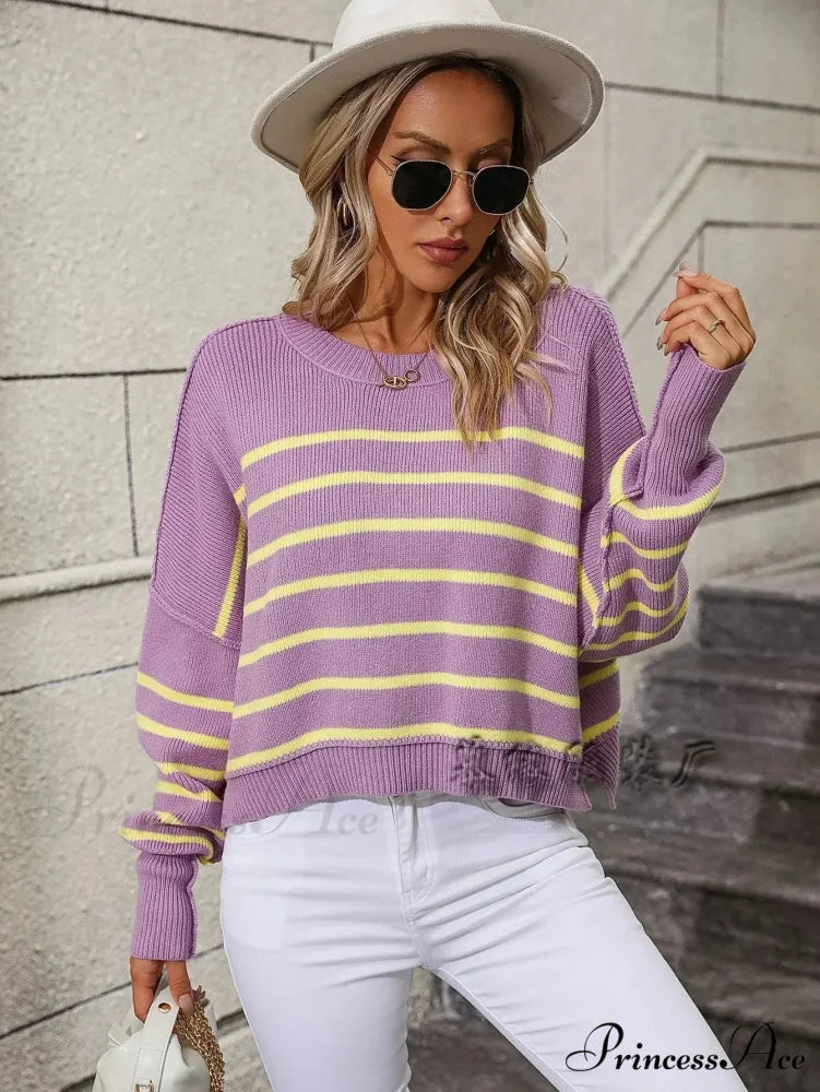 Baggy Striped Knitted Sweet Jumper Purple / S swraters-241228