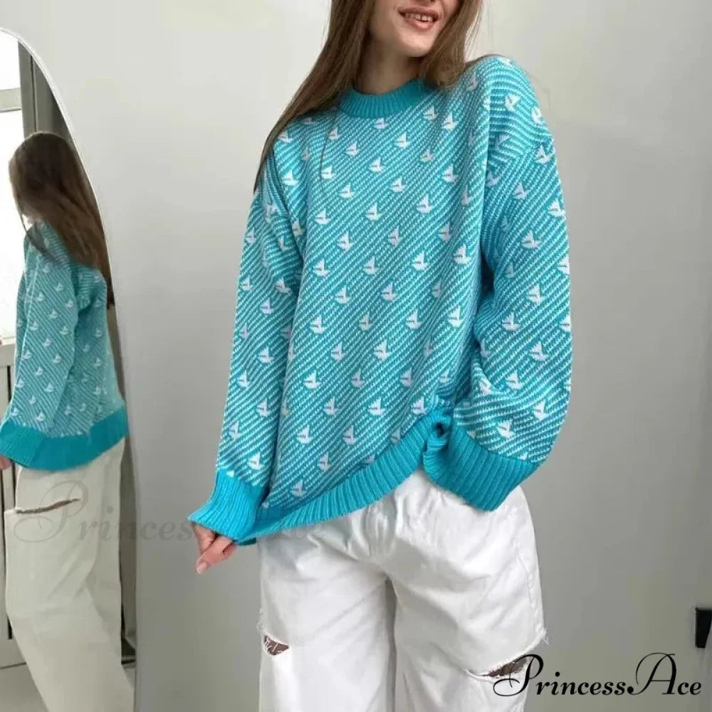 Baggy Style Patterned Extended Sleeve Jumper Blue / S swraters-241228