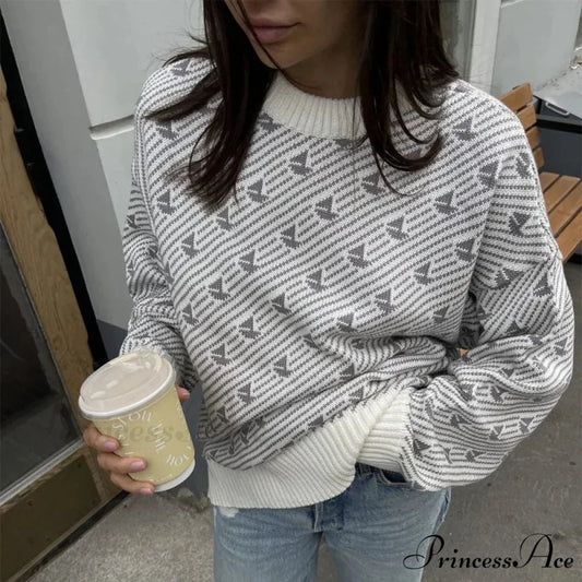 Baggy Style Patterned Extended Sleeve Jumper Grey / S swraters-241228