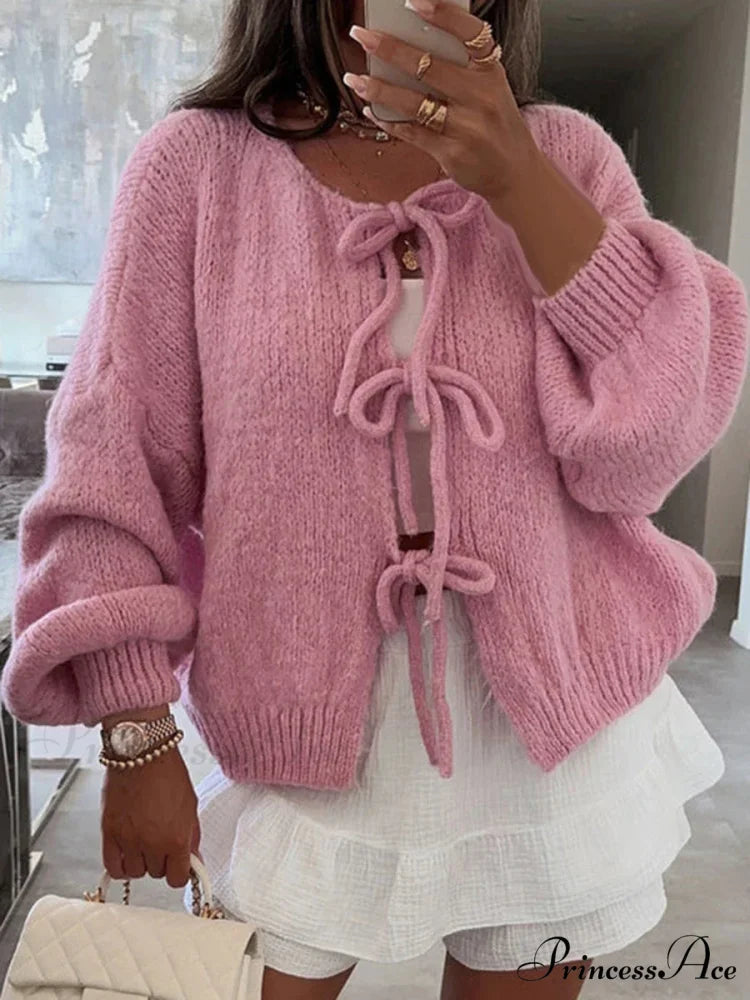 Baggy V-Neck Bind Front Knit Cardigan pink / S cardigans-241228