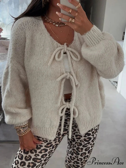 Baggy V-Neck Bind Front Knit Cardigan white / S cardigans-241228