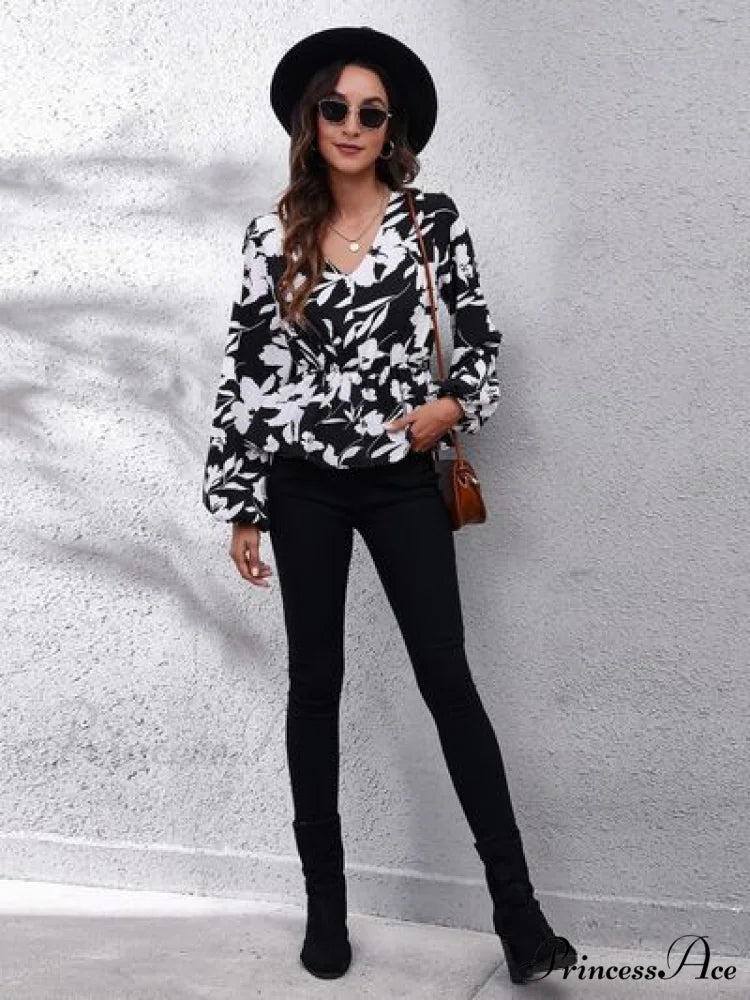 Balloon Peplum Flowered Arm V-Neck Blouse