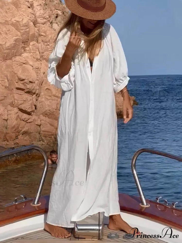 Balloon Sleeve Button Pocketed Graceful Loose Shirt Maxi Dress White / S