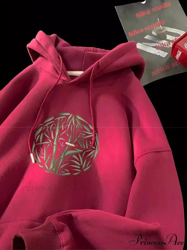 Bamboo Design Casual Y2K Hoodie Red / M(40-45KG) hoodies-241228