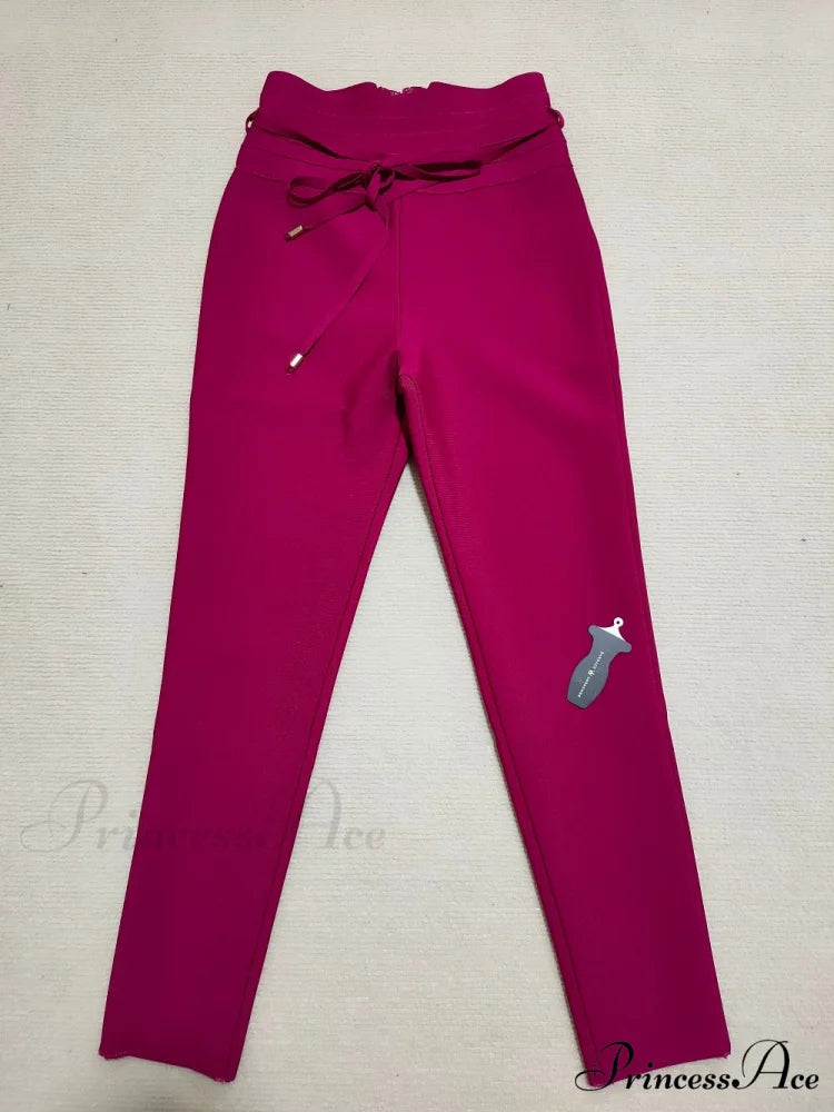 Bandage High Waist Tie Sexy Pencil Party Elegant Trouser dark pink / XS