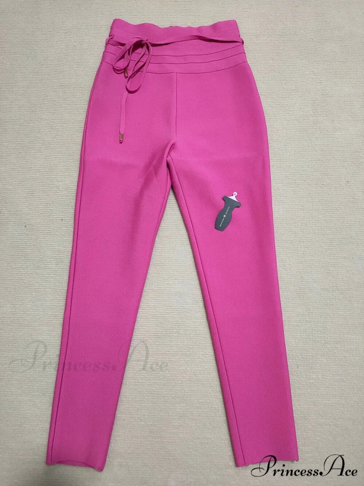 Bandage High Waist Tie Sexy Pencil Party Elegant Trouser Pink / XS