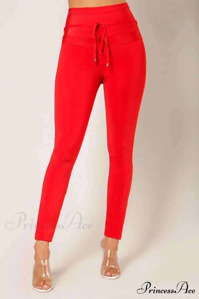 Bandage High Waist Tie Sexy Pencil Party Elegant Trouser Red / XS