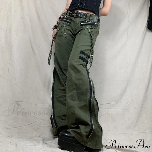 Bandage Low Waist Cargo Pants Green / S