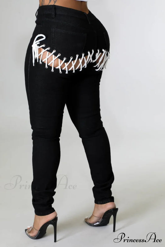 Bandage Skinny Ripped Jeans Back for Elastic Strap Women Black / S