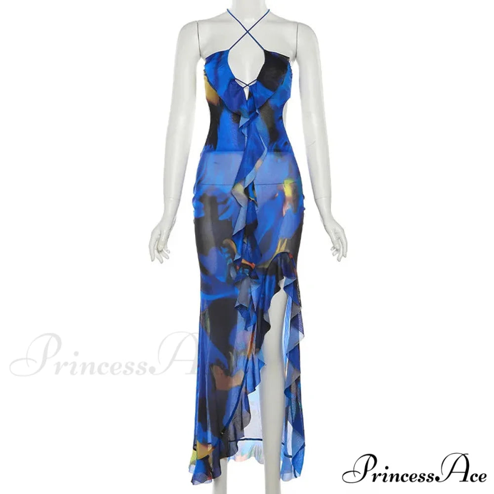 Bandage Slit Ruffle Plunge V-Neck Elegant for Women’s Club Party Print SunSummer Midi Dress