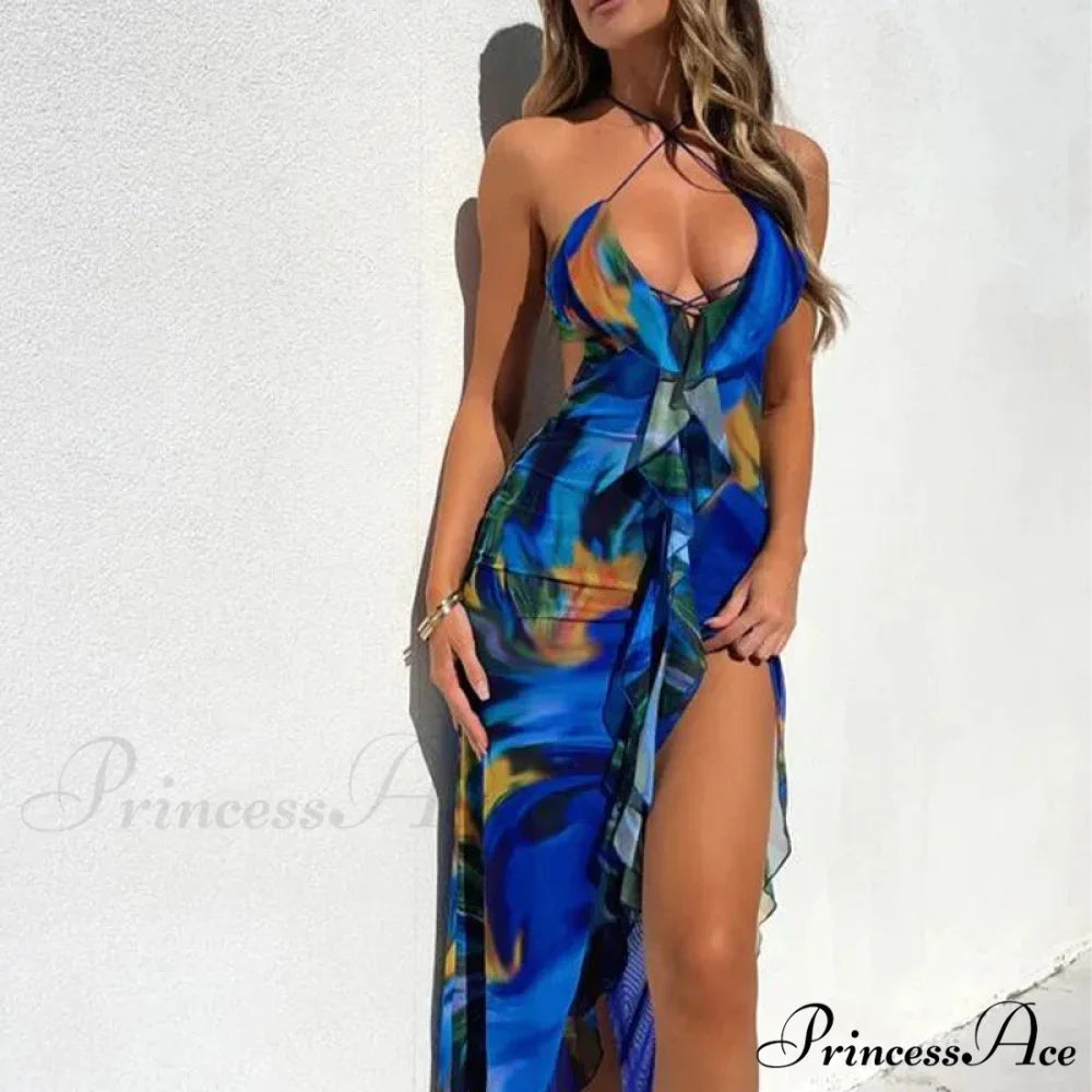Bandage Slit Ruffle Plunge V-Neck Elegant for Women’s Club Party Print SunSummer Midi Dress Blue / S