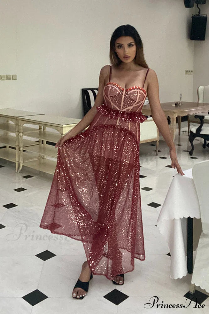 Barrett Sequined Mesh Charming & Lace Maxi Dress
