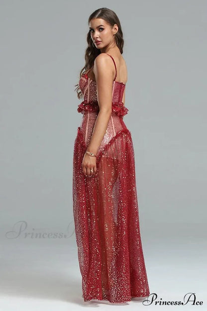 Barrett Sequined Mesh Charming & Lace Maxi Dress