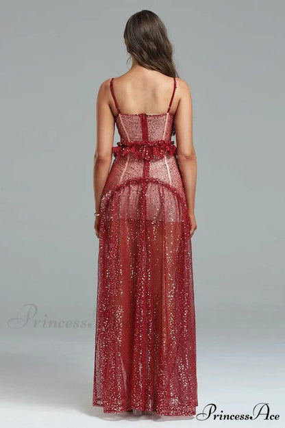 Barrett Sequined Mesh Charming & Lace Maxi Dress